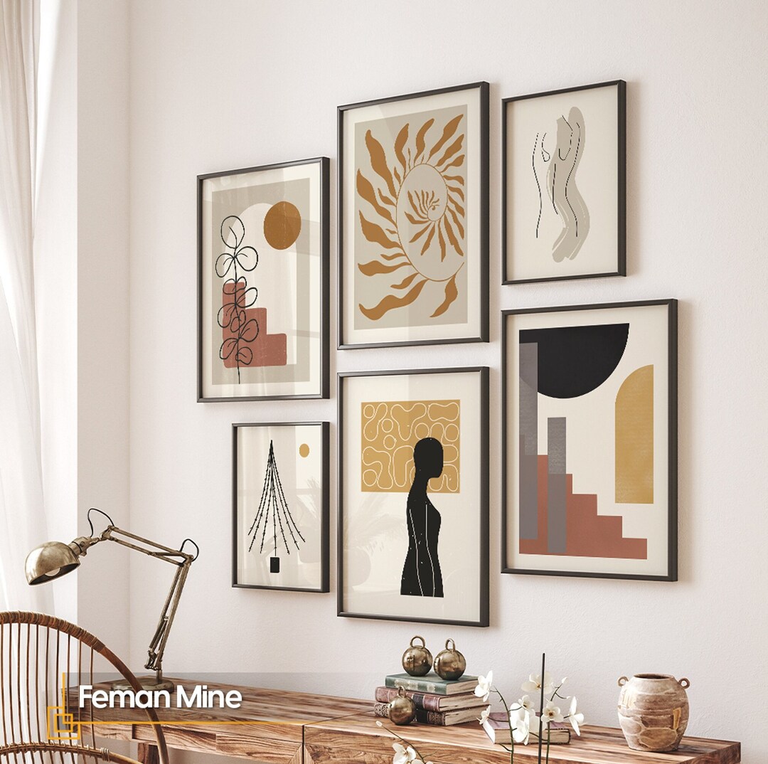 Abstract FRAMED Wall Art Gallery Set of 6 Ready to Hang Mid Century Art ...