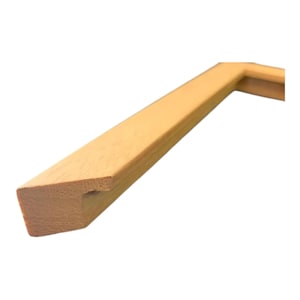 May include: A light-colored wooden picture frame molding with a visible natural grain pattern. The frame features a beveled edge profile with a recessed inner channel designed to hold artwork or glass, showing a corner joint construction.