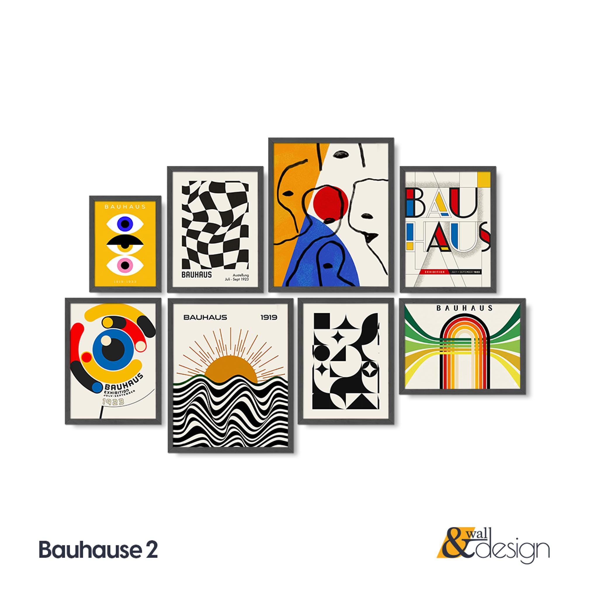 Bauhaus Framed Wall Art Set, Abstract Geometric Prints, Real Wood