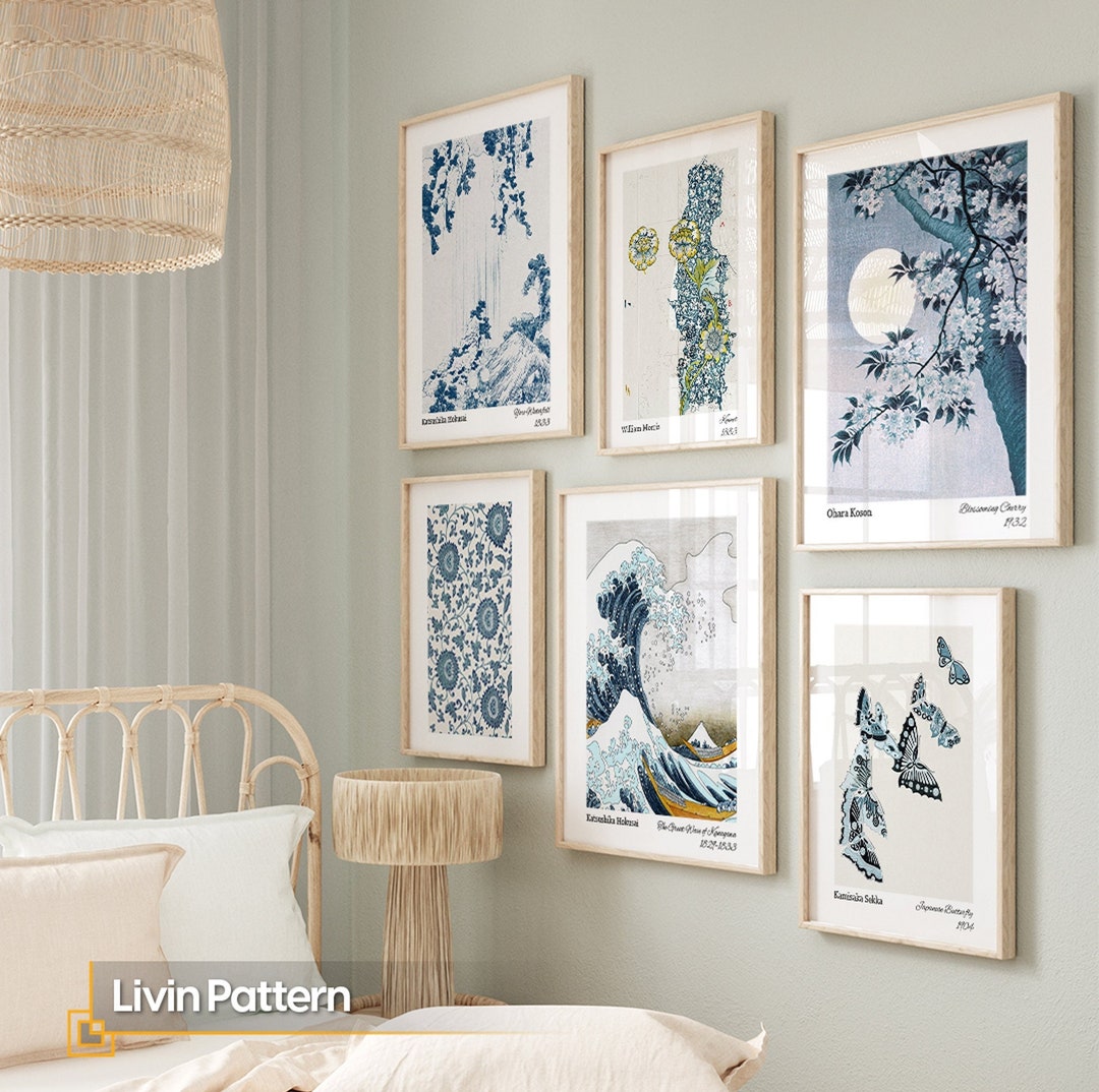 Blue Wall Art Set FRAMED Japanese Framed Prints Ready to Hang Gallery