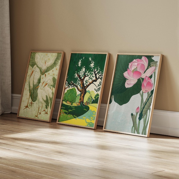Trio Japanese Art Prints: Cranes, Lotus, Nature Scenes in Wooden