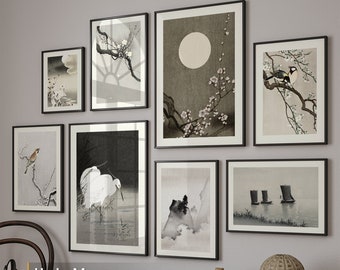 Framed Japandi Gallery Wall Art Set, Black White Fine Prints, Ready to Hang