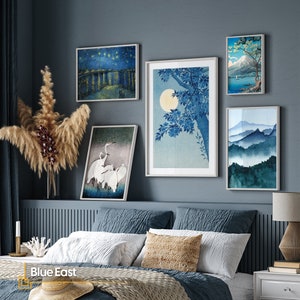 Framed Blue Gallery Wall Art Set: Japanese Above Bed Art Print Collage, Van Gogh, Ohara Koson