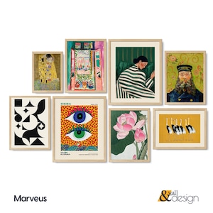 Gallery wall set of 8 famous art prints featuring Gustav Klimt's The Kiss, Yayoi Kusama's Two Eyes, and Van Gogh's Postman Joseph Roulin. Includes Matisse Open Window, pink lotus flowers, and Japanese cranes in a curated maximalist art collection with wood frames.