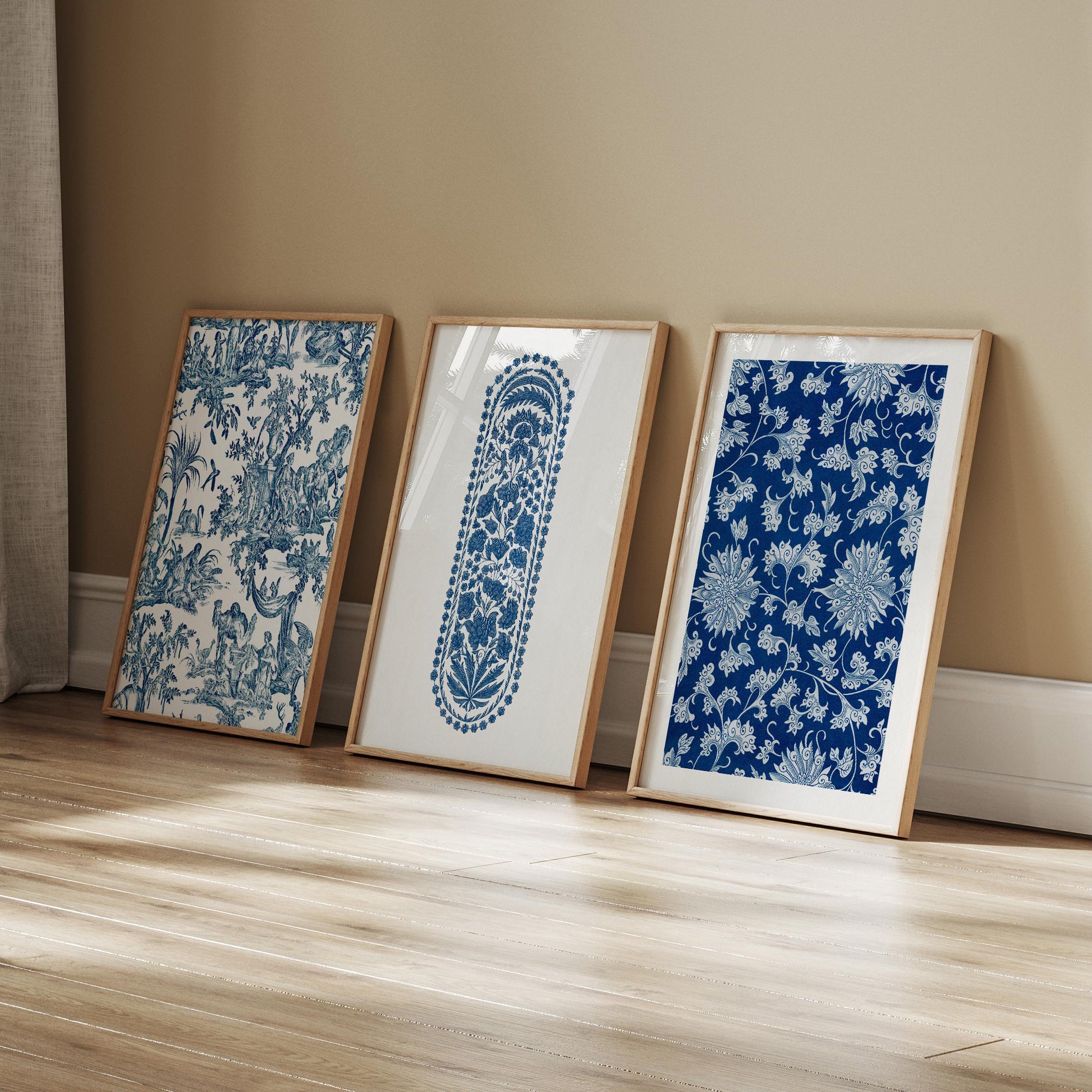 Botanical Blue Wall Art Set of 3 Framed: Blue & White Wall Decor with Wood Frames