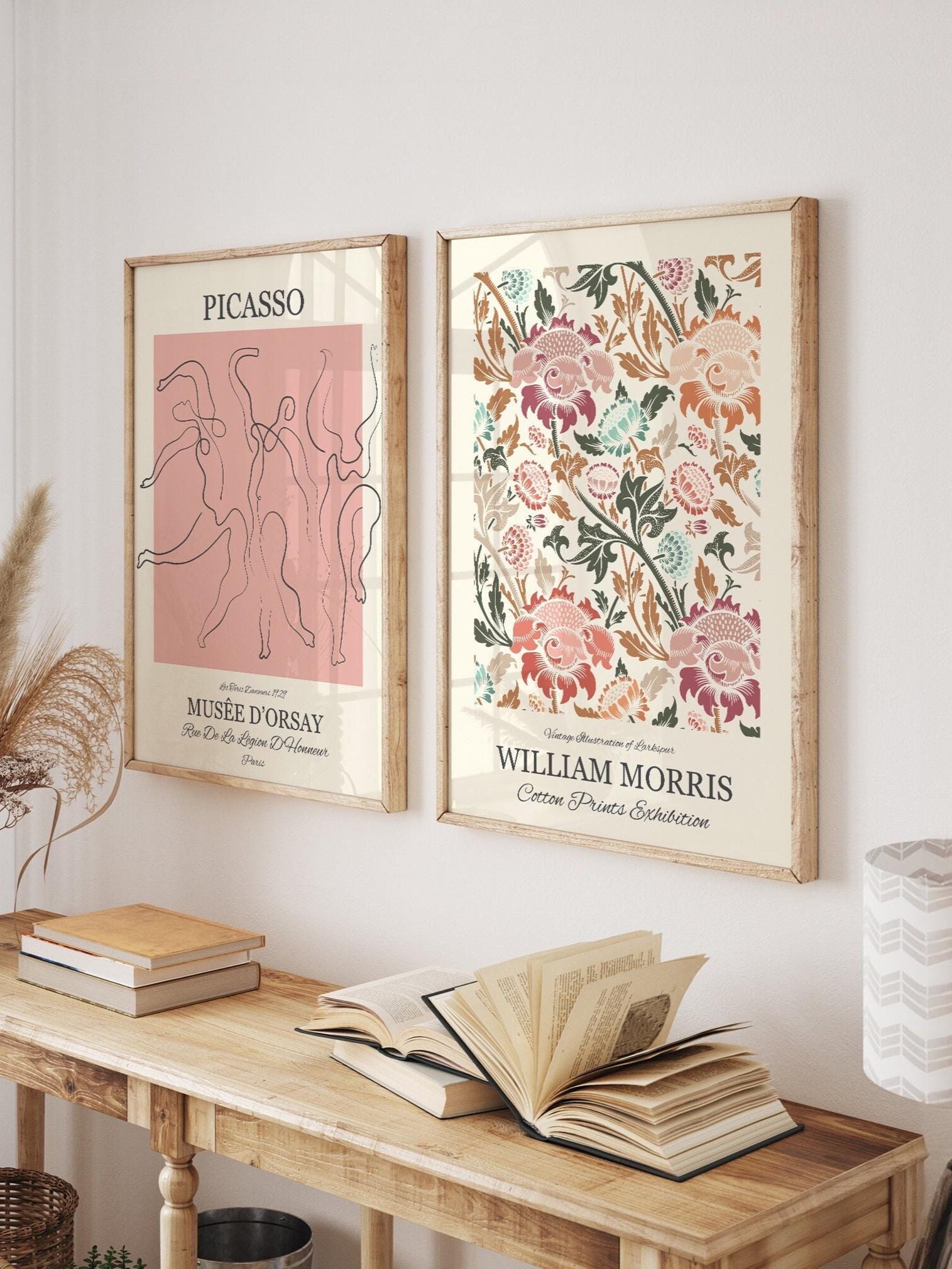 Framed William Morris Picasso Floral Art Prints, Boho Wooden Wall