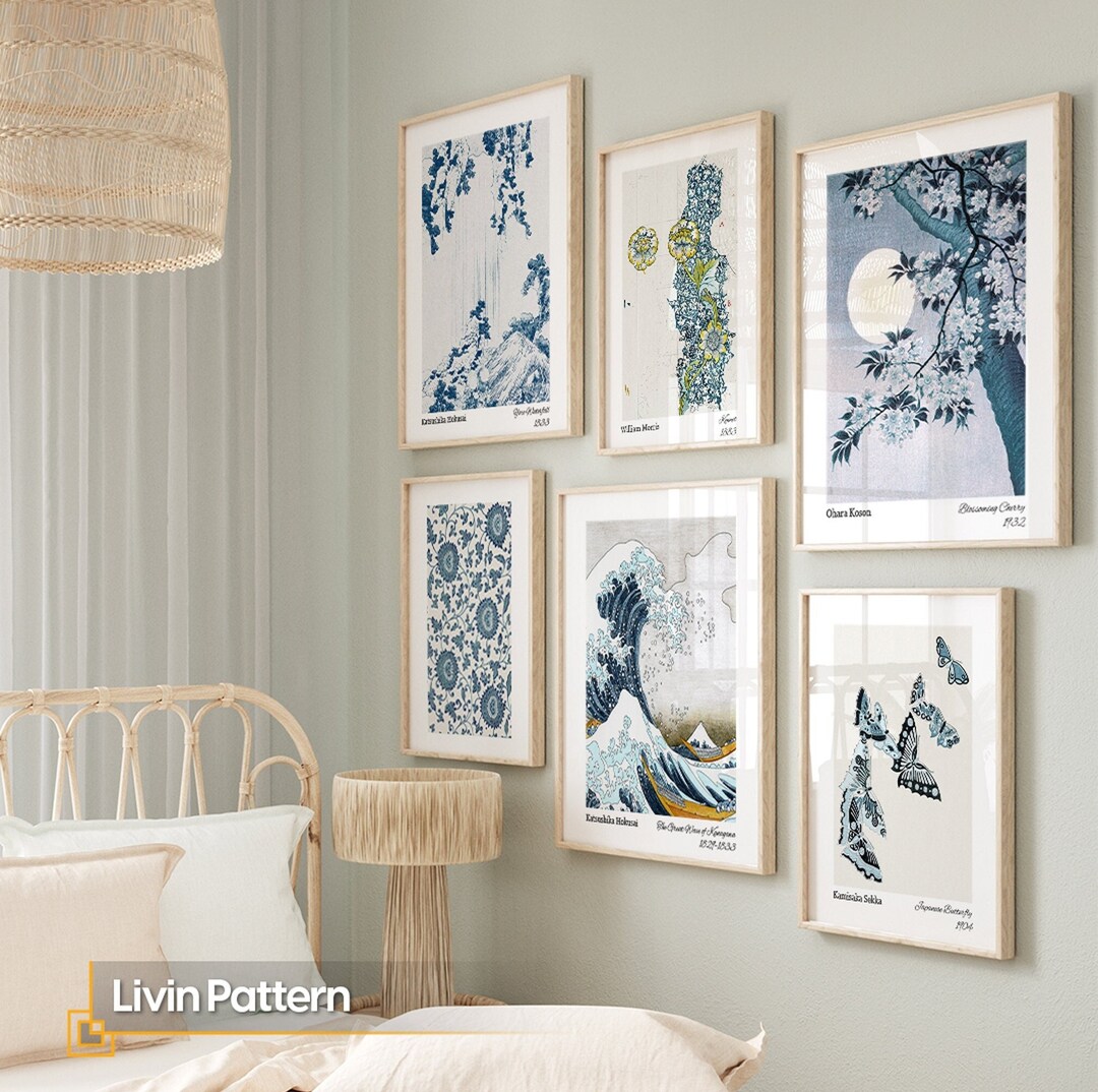 Blue Wall Art Set Framed With Japanese Art Prints Gallery and Real Wood ...