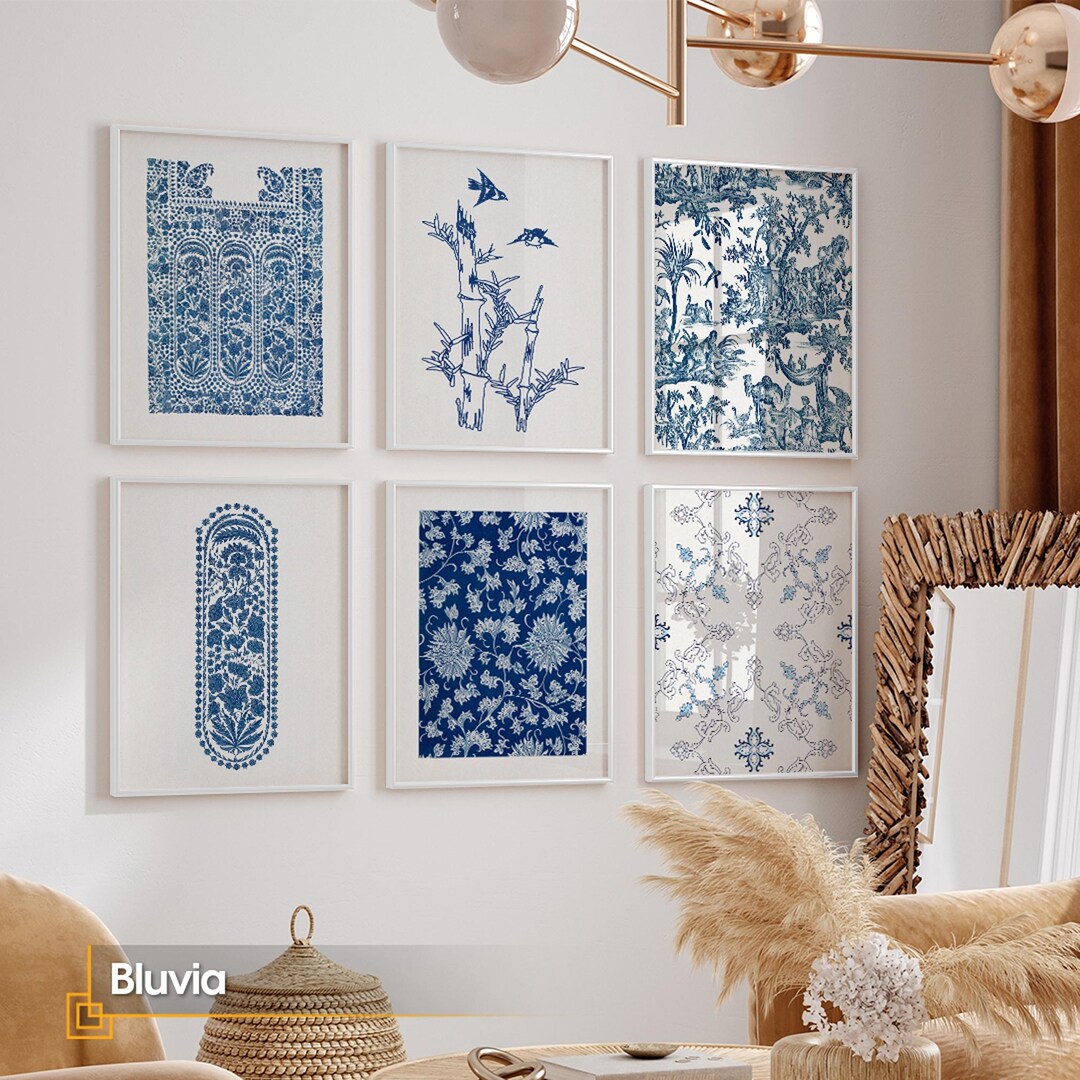 Set of 6 Blue Chinoiserie Floral Art Prints, French Country Gallery ...