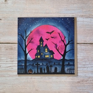 Maison hantée et cimetière effrayant Halloween aquarelle ciel nocturne, cartes de voeux, carré