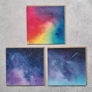 Vierkante wenskaarten | Regenboog, ik denk aan jou | Galaxy-bedankkaart | Verjaardagskaart