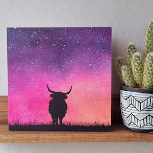 Cartão de felicitações de vaca das montanhas, design quadrado, interior em branco
