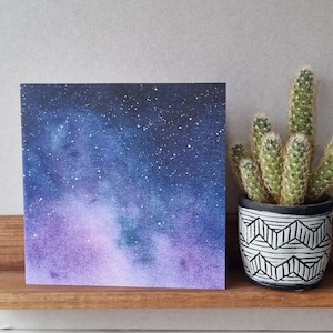 Tarjetas de felicitación cuadradas con diseño de galaxia lila y púrpura / Pensando en ti / Tarjeta de agradecimiento / Tarjeta de cumpleaños