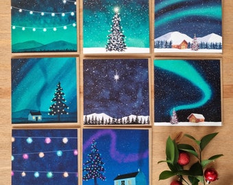 Pack of 8, Christmas Watercolour Night Sky Greeting Cards, Square