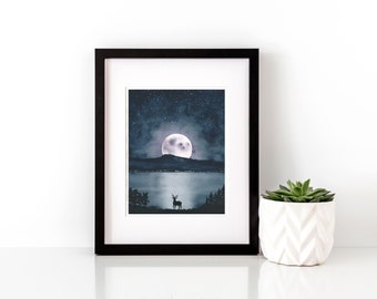 Wall Decor 14x11 Framed ’Big Moon over Bute’ 8x10 Fine Art Watercolour Print