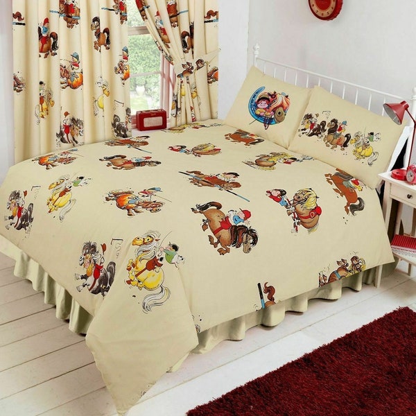 SINGLE Thelwell Vintage Orignal Cartoon Horse Pony Riding Cream Duvet Cover Bedding Set