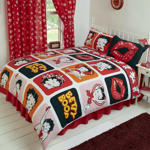 Super King Size Betty Boop Picture Perfect Rouge Noir Blanc Moucette Bisous Lèvres Housse de couette réversible parure de lit Cadeau