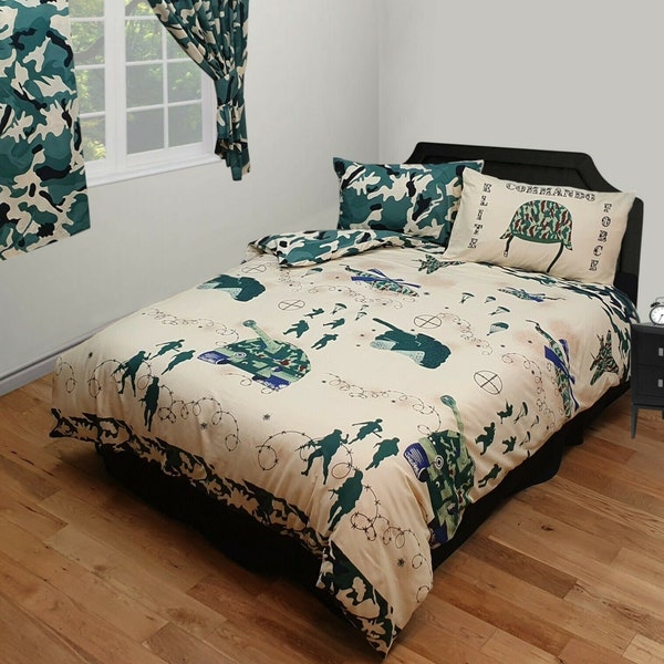 KING SIZE Lit Commando Camouflage Kaki Crème Militaire Armée Commando Soldats Tanks Couette Literie