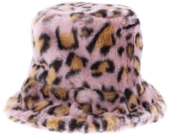 Fluffy Soft Pluche Bruin Luipaard Winter Warme Mode Unisex Womens Dames Bucket Sun Hat