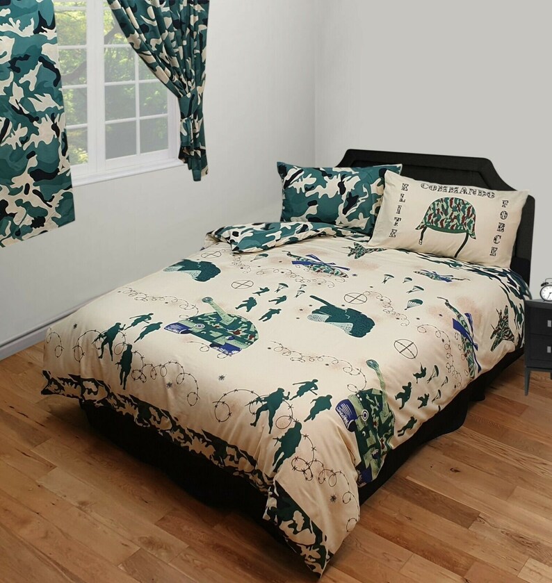 Camouflage Khaki Cream Military Army Commando Soldiers Tanks Double Bed Duvet Cover Bedding Set image 1