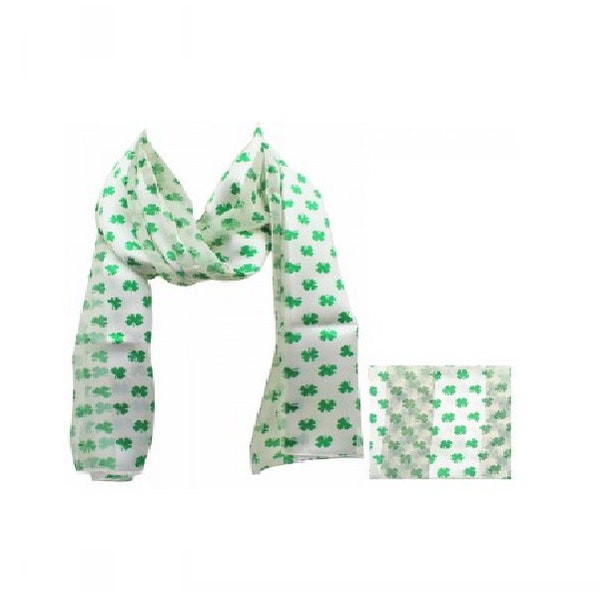 St Patricks Day Irish Ireland Lucky Clover Mini Leaf Green Cream Silk Satin Feel Neck Scarf Wrap Gift