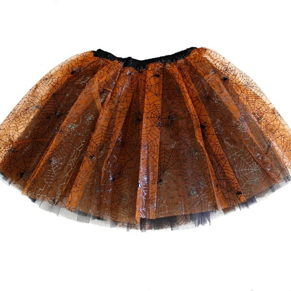 Ladies Girls Black & Orange Spiderweb Cobwebs Witch Fancy Dress Halloween Tutu