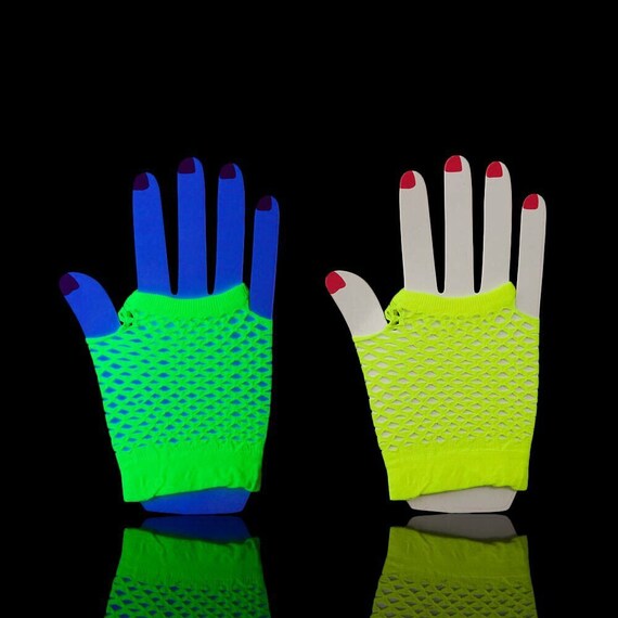 Guantes cortos sin dedos de malla de rejilla, color verde neón, UV, disfraz  de fiesta del Día de San Patricio de los años 80 -  España