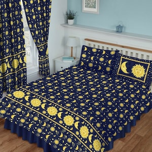 DOUBLE Bed Navy Blue Yellow Gold Sun & Moon Face Celestial Duvet Cover Bedding Set