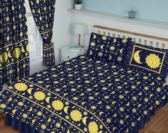 DOUBLE Bed Navy Blue Yellow Gold Sun & Moon Face Celestial Duvet Cover Bedding Set