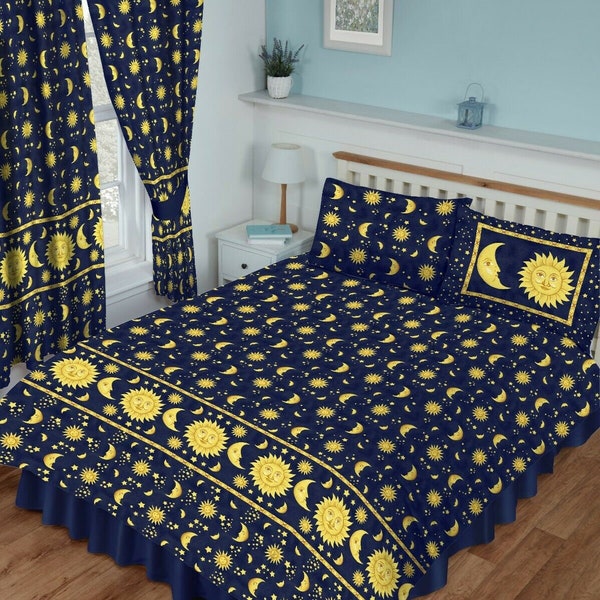 KING Size Bed Navy Blue Yellow Gold Sun & Moon Face Celestial Duvet Cover Bedding Set