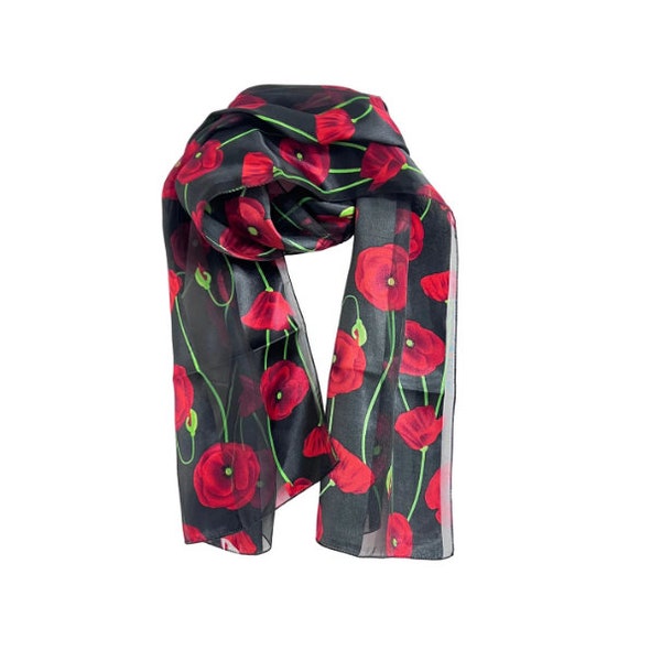 Ladies Elegant Black With Red Poppys Poppies Soft Satin Silky Feel Neck Scarf