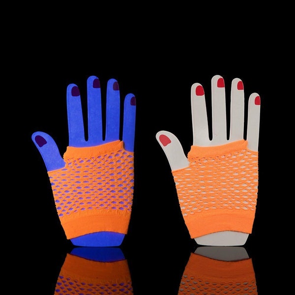 Gants courts sans doigts en résille orange UV fluo Déguisements de fête de la Saint-Patrick Années 80