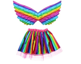 Kids Rainbow Fancy Dress 80s Party Tutu Skirt & Fairy Angel Wings Set Age 2-6