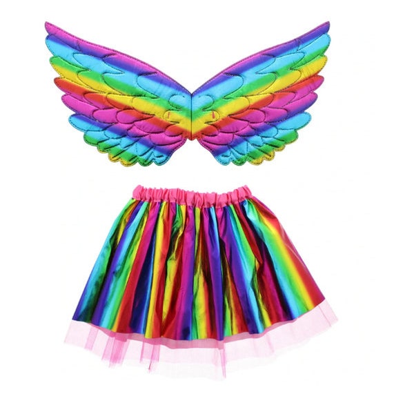 Kids Rainbow Fancy Dress 80s Party Tutu Skirt & Fairy Angel Wings Set Age 2-6