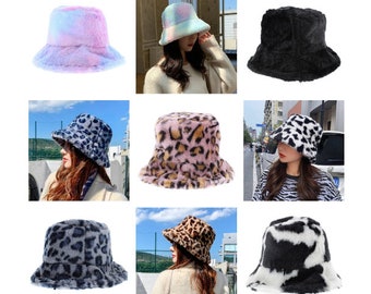 Unisex Adults Fluffy Faux Plush Warm Fleece Leopard Cow Print Tye Dye Bucket Hats