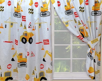 Kids Boys JCB Diggers Construction White Yellow Ready Made Pencil Pleat Curtains 66"x72"