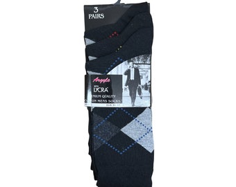 3 Pairs Mens Argyle Diamond Lycra Navy Black Grey Socks Size 6-11 Fathers Day