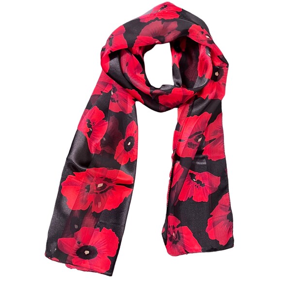 Ladies Elegant Black With (LARGE) Red Poppys Poppies Soft Satin Silky Feel Neck Scarf