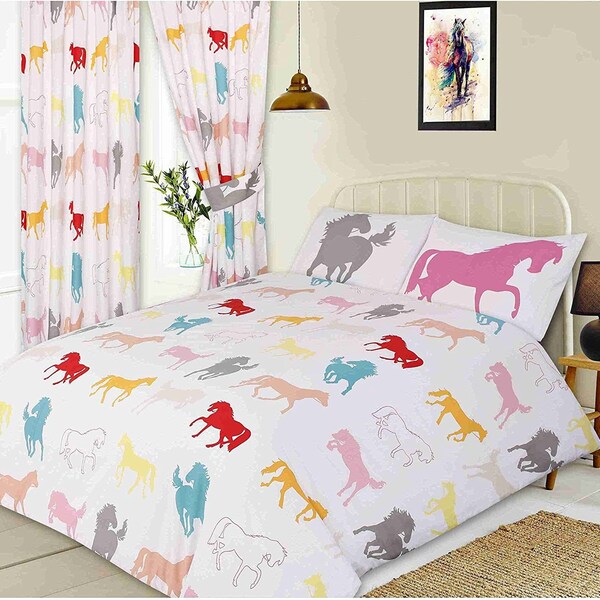 DOUBLE Bed Horses Equestrian Horse Jockey White Colourful Duvet Cover Bedding Set Gift