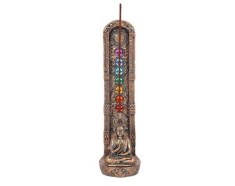 Bronze Effect 7 Colours Of The Chakra Meditating Buddha Incense Holder