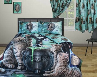 Lisa Parker Hubble Bubble Witches Cauldron Cats Teal DOUBLE Bed Duvet Cover Bedding Set