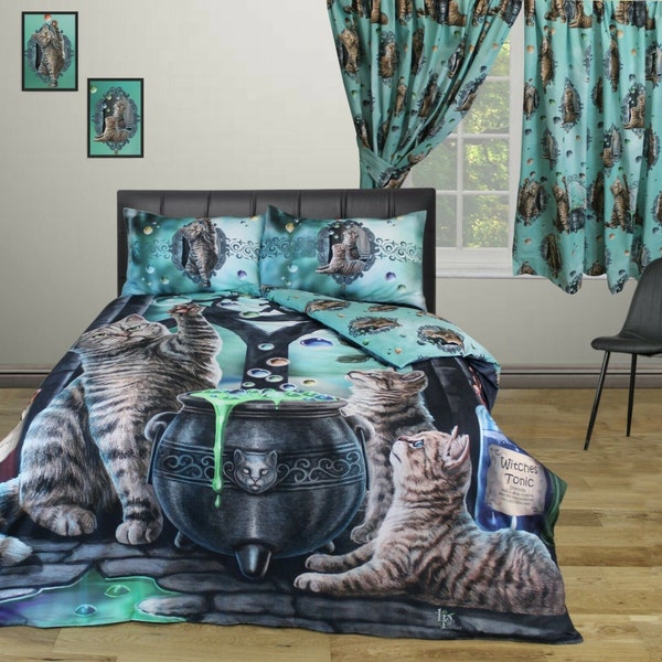 Lisa Parker Hubble Bubble Witches Cauldron Cats Teal DOUBLE Bed Duvet Cover Bedding Set