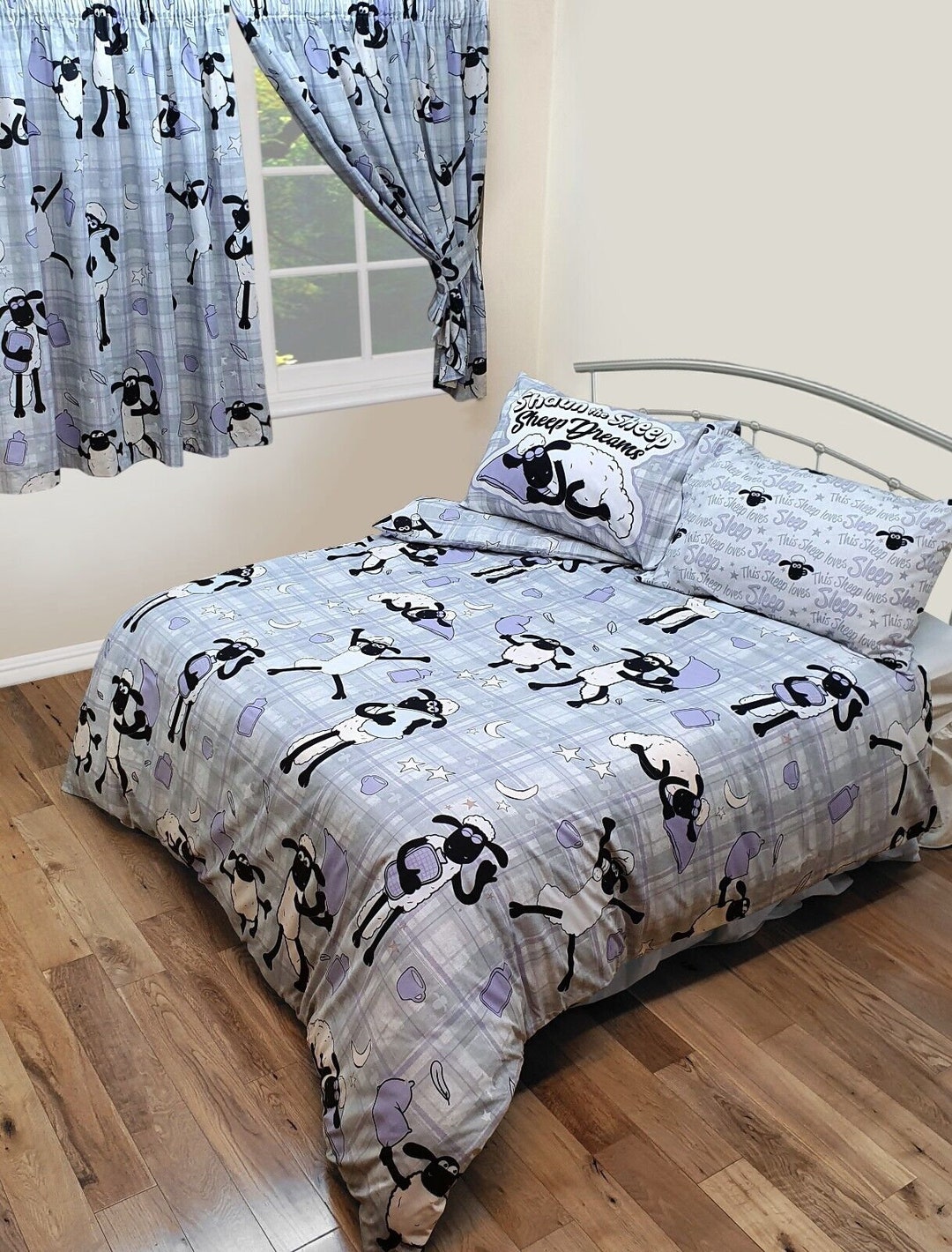 KING SIZE Bed Shaun the Sheep Plaid Grey Purple Black Duvet Cover