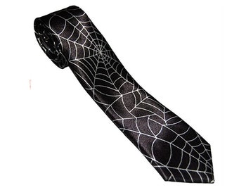 Halloween Fancy Dress Gothic Emu Black & White Spiderweb Cobwebs Webs Skinny Tie