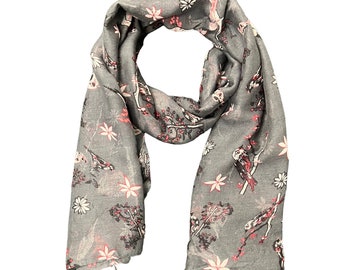 Léger gris rose fleurs sauvages oiseaux châle doux cou écharpe Sarong cadeau de fête des mères