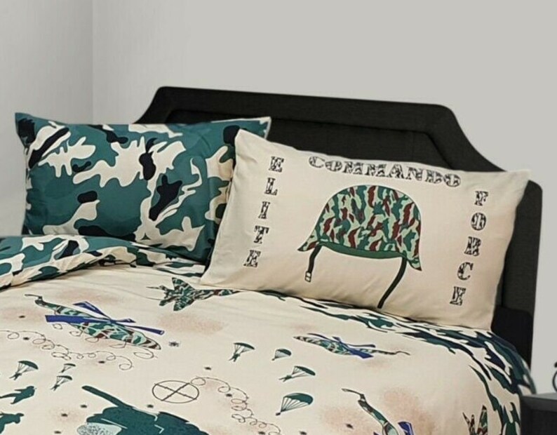 Camouflage Khaki Cream Military Army Commando Soldiers Tanks Double Bed Duvet Cover Bedding Set image 2