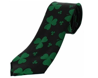 St Patricks Day BLACK Green Lucky Clover Satin Feel Fancy Dress Party Or Formal Skinny Tie