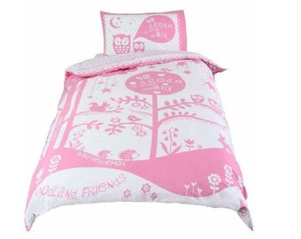 Kids Baby Nursery Pink White Woodland Animals Single Bed Duvet Cover Bedding