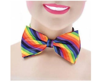 Rainbow Stripe Satin Feel Adjustable Fancy Dress Hippie Carnival Clown Bow Tie