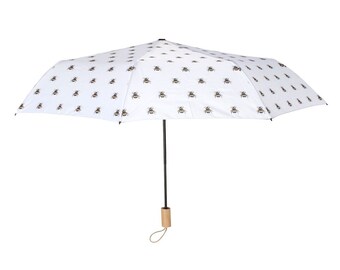 White All Over Bee Design Wooden Handle Umbrella Brolly Mothers Teacher Gift