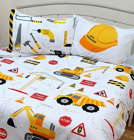 DOUBLE Bed Kids Boys JCB Diggers Construction White Duvet Cover